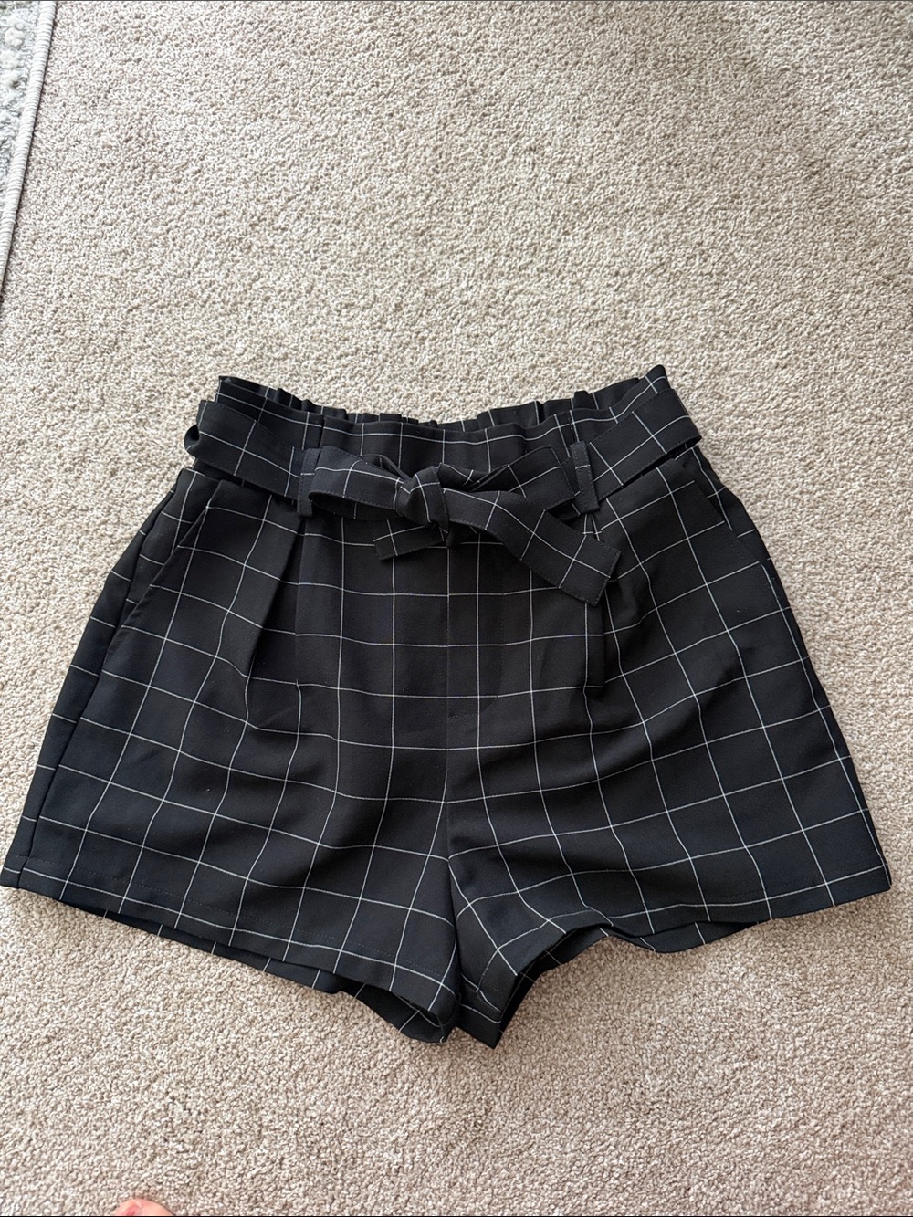Forever 21 Black Windowpane High-Waist Paperbag Shorts with Tie